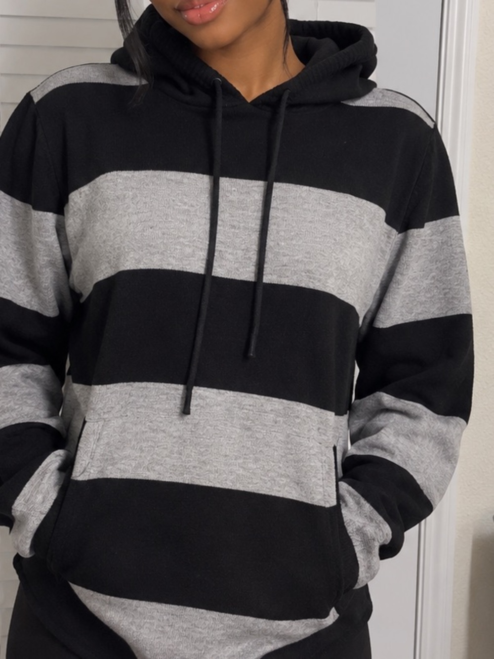 Beginning Boutique Black and Gray Striped Hooded Pullover